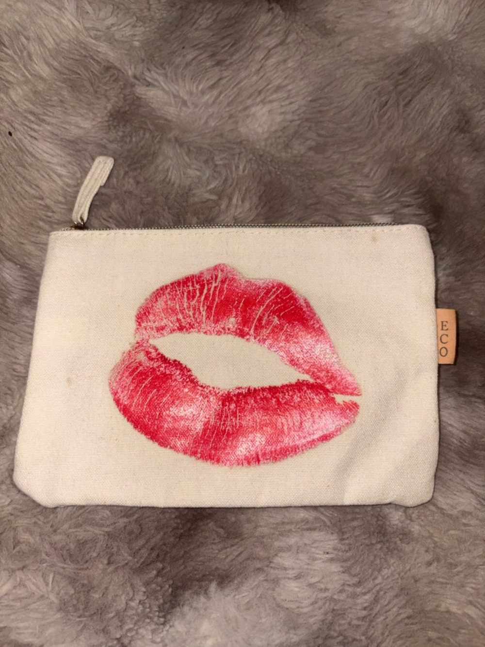 Cream Cosmetic Pouch with Red Lip Print